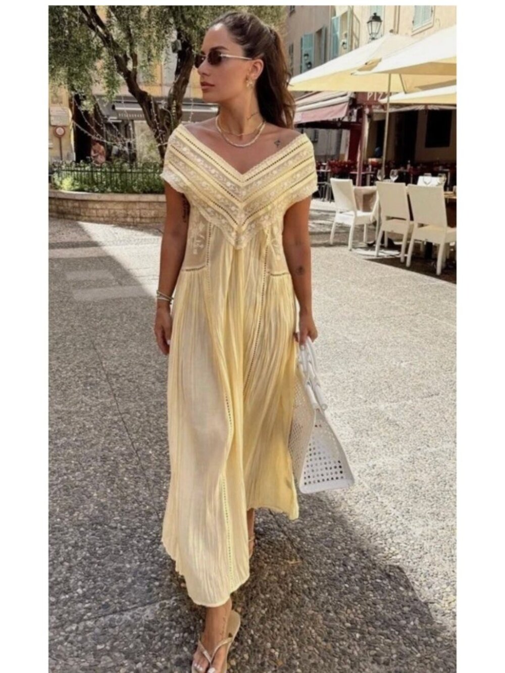 Zara ZW Womens Maxi Dress S Pale Yellow Lace Trim Pleated V-Neck 7521/211 NWT
